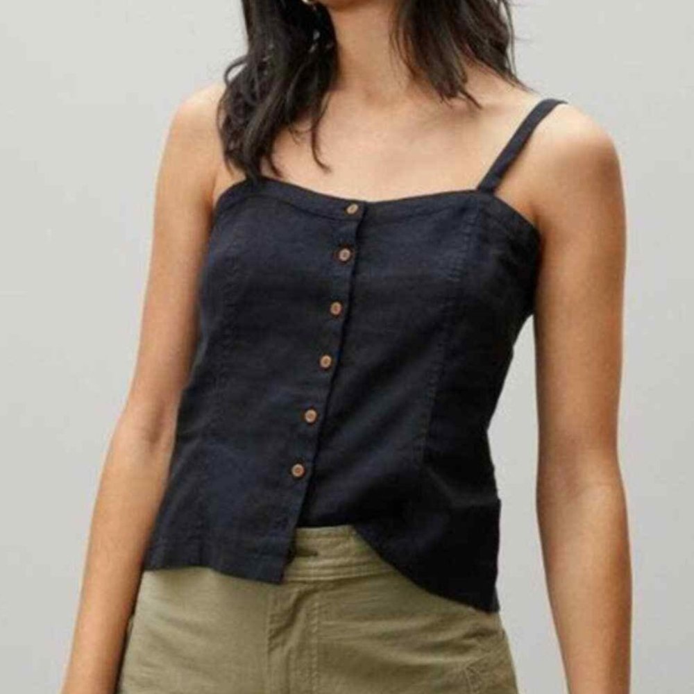 Everlane The Linen Picnic Top Cami Button Front Black 6